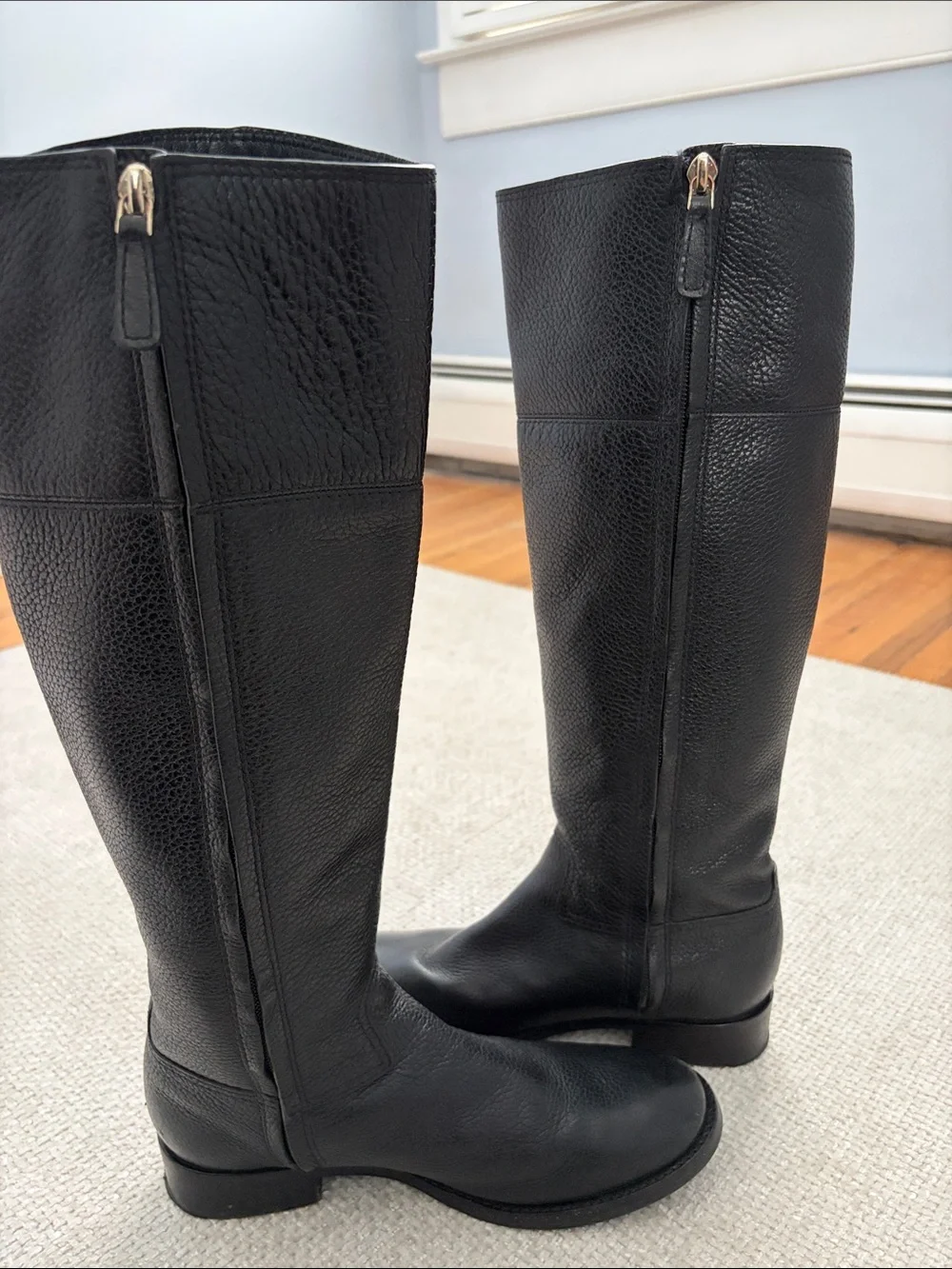 Tory Burch Black Leather Tall Riding Boots with Gold Logo